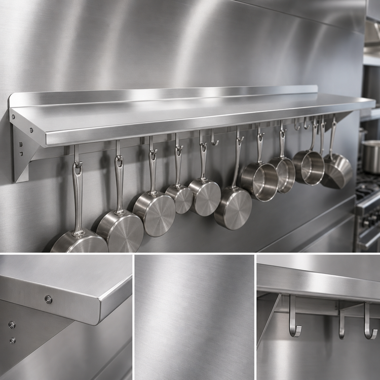 Product image #3 for John Boos Stallion 120-Inch x 16-Inch Wall-Mounted 16-Gauge Stainless Steel Pot Rack Shelf with 10 Hooks