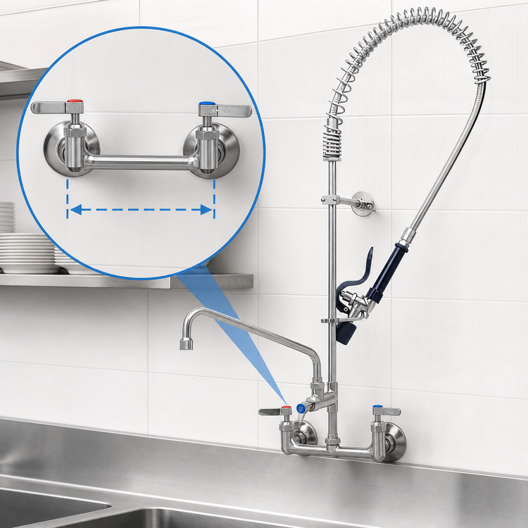 Product image #4 for EverSteel 8-Inch Center Wall-Mount Pre-Rinse Mixing Faucet with 12-Inch Swing Nozzle and 1.07 GPM Spray Valve