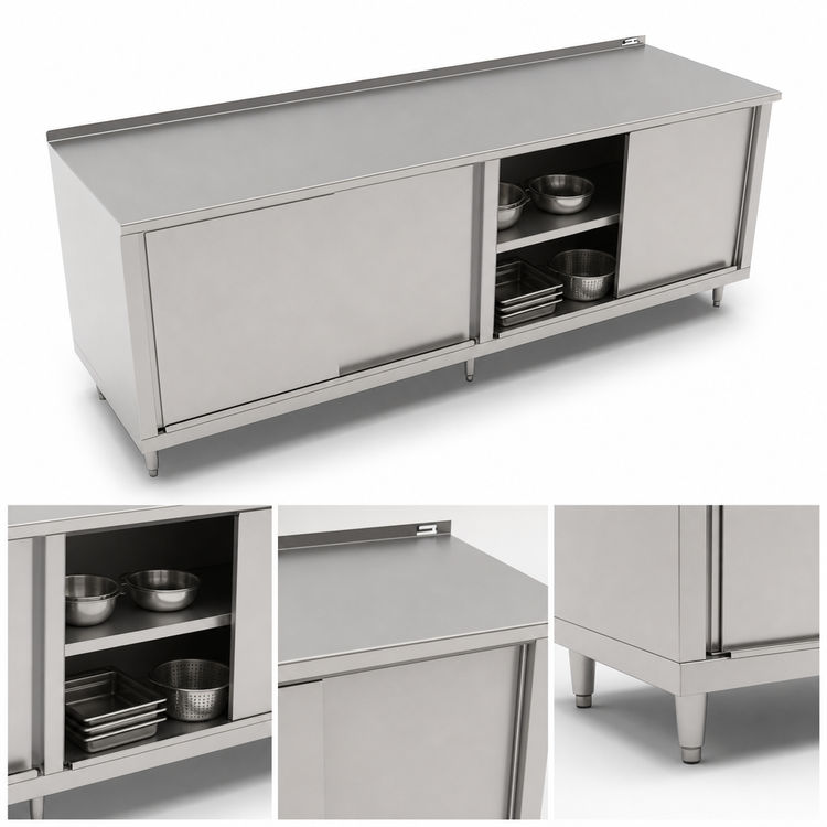 Product image #3 for John Boos 132-Inch x 30-Inch Stainless Steel Cabinet Base Work Table with Sliding Doors and 1-1/2-Inch Rear Up-Turn