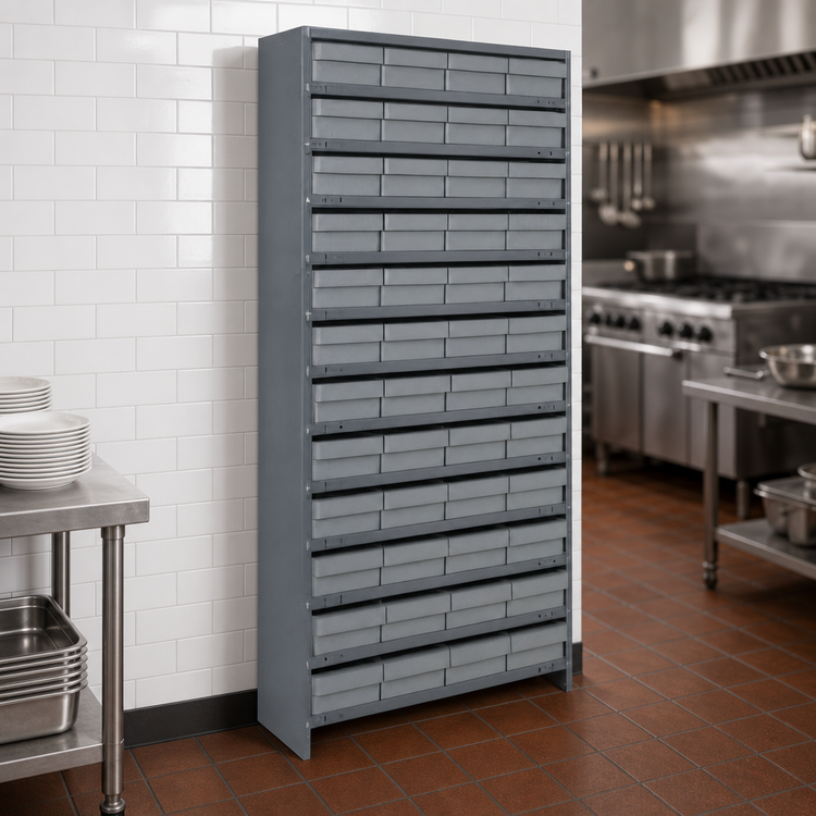 Product image #3 for Quantum Closed Heavy Duty Stationary Wire Shelving Unit with 13 Shelves and 48 Bins, 36 x 18 x 75 Inches