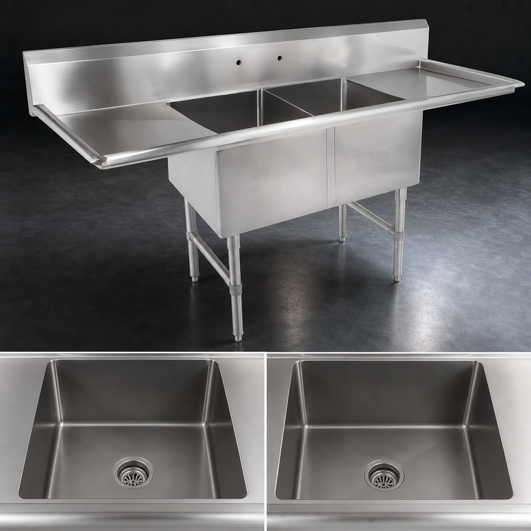 Product image #3 for John Boos B Series 2-Compartment Stainless Steel Sink with Left and Right Drainboards, 75-1/4 Inch Wide
