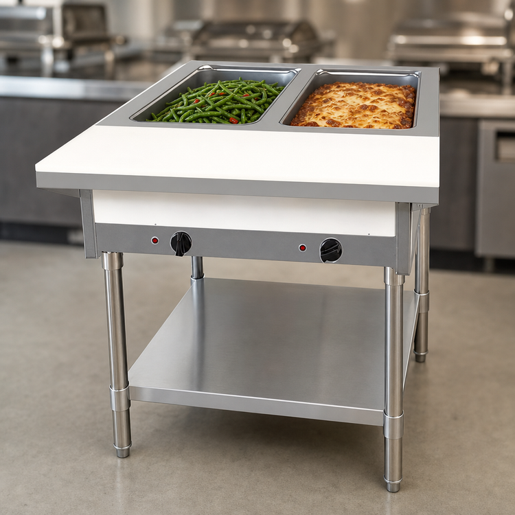 Product image #3 for Omcan Stainless Steel Open Well Electric Steam Table with Cutting Board and Undershelf, 30-Inch, 2-Pan Capacity