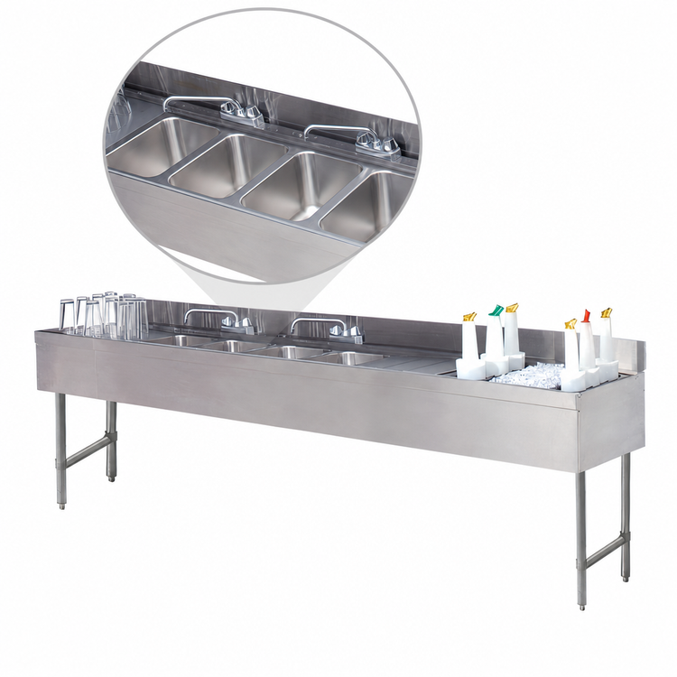Product image #3 for Advance Tabco Underbar Basics 84-Inch 3-Compartment Deep-Drawn Stainless Steel Hand Sink and Ice Bin Combo with Deck-Mount Faucet, Right Ice Bin