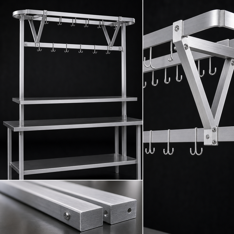 Product image #3 for Eagle Group Table-Mounted Aluminum Triple-Bar Pot Rack with 27 Double-Pronged Hooks, 100" W x 20" D, Fits 108" Tables