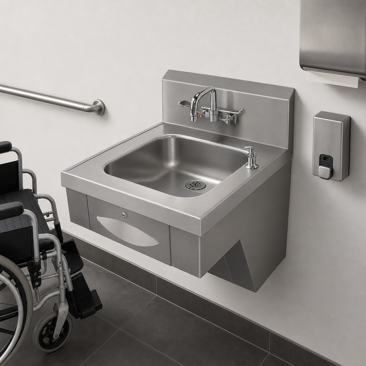 Product image #3 for Advance Tabco ADA Compliant Wall-Mounted Stainless Steel Hand Sink with 14 x 16 x 5 Bowl, Faucet, Soap Dispenser, and Towel Dispenser