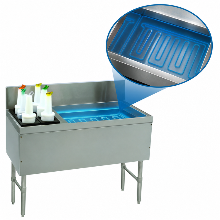 Product image #3 for Advance Tabco Prestige Supreme 42-Inch Bar Ice Chest with 10-Circuit Cold Plate, Left Bottle Rack, and 7-Inch Backsplash