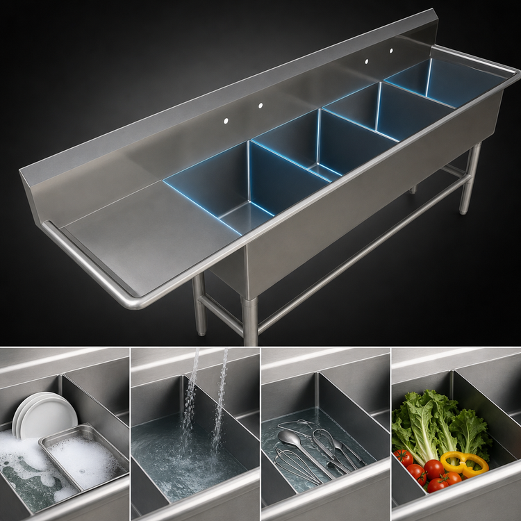Product image #3 for John Boos Pro-Bowl 4-Compartment Stainless Steel Sink with Left Drainboard, 30" x 24" x 12" Bowls