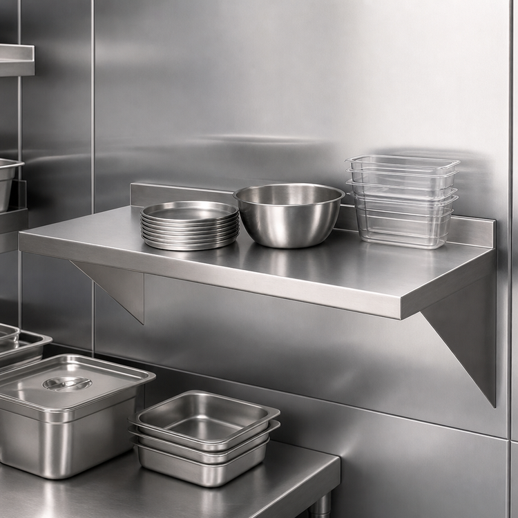 Product image #3 for Serv-Ware SSWS1448-CWP-V 430 Stainless Steel Wall-Mounted Shelf — 48 Inches W x 14 Inches D (18 Gauge)