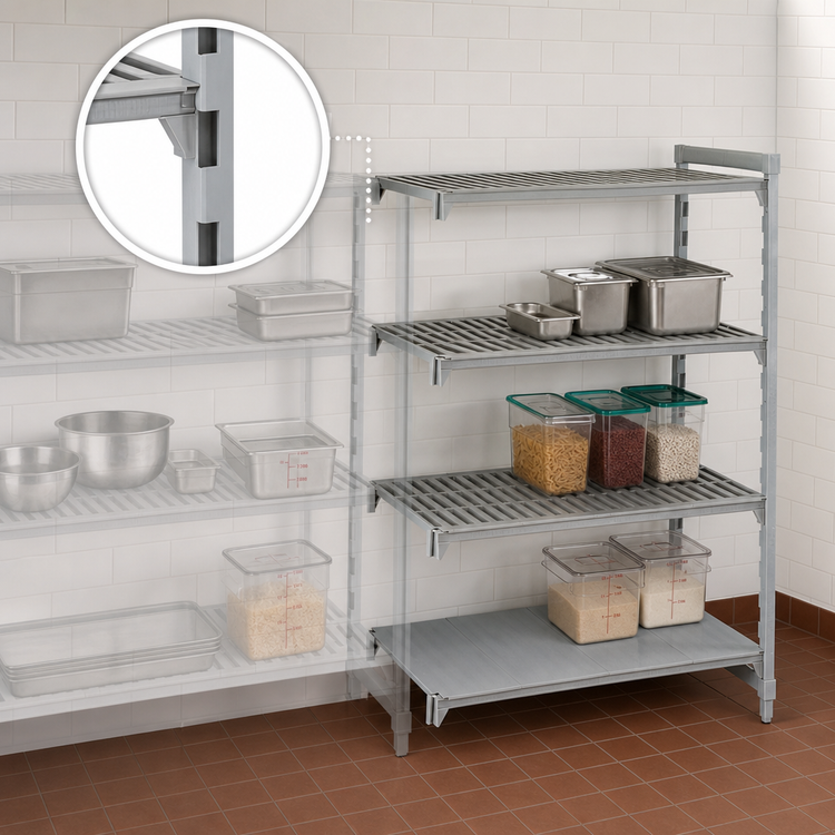 Product image #4 for Cambro Camshelving Premium 4-Tier Add-On Polymer Shelving Unit, 30W x 24D x 72H, Vented and Solid, Speckled Gray