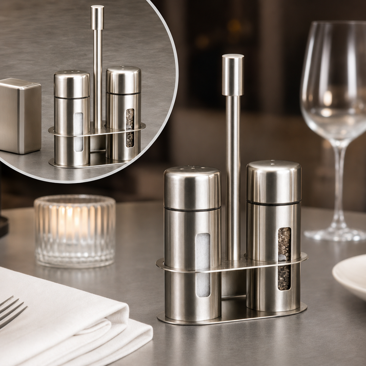 Product image #3 for Stainless Steel Salt & Pepper Shaker Set with Rack Holder, 1 oz.