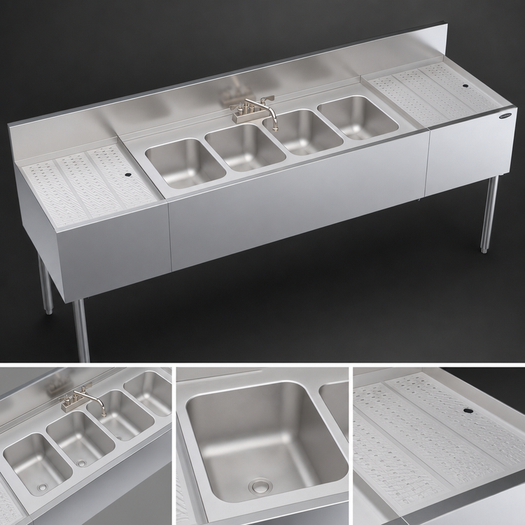 Product image #3 for Krowne Royal Series 84" Four-Compartment Underbar Sink Unit with 18" Drainboards and Deck-Mount Faucet