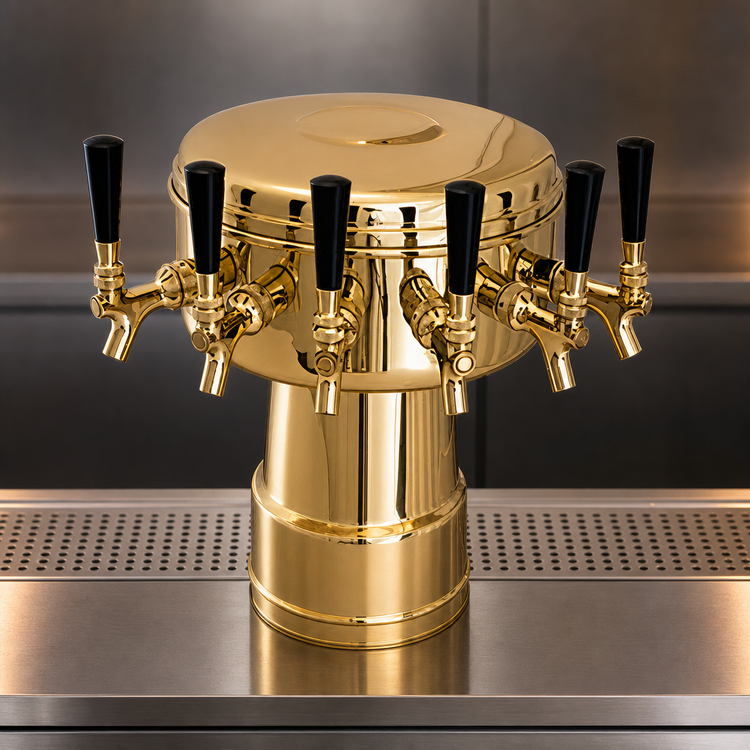 Product image #3 for Glastender Single-Column Mushroom Draft Dispensing Tower, 6 Faucets, Polished Brass, Glycol Cooled