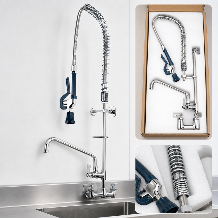 Product image #3 for Krowne Royal Series Wall-Mount Pre-Rinse Assembly with Add-On Faucet, 8-Inch Centers, 38-Inch Stainless Steel Hose