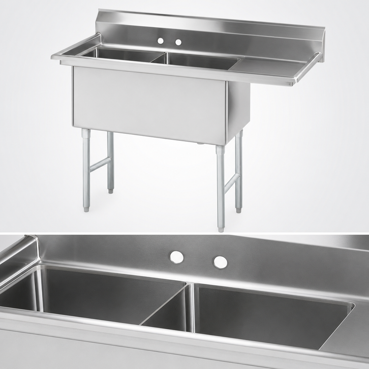 Product image #3 for Advance Tabco Special Value Series 2-Compartment Fabricated Sink with Right Drainboard, 24 x 24 x 14-Inch Bowls, 16-Gauge 304 Stainless Steel