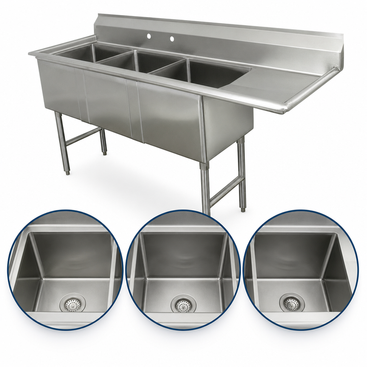 Product image #3 for Advance Tabco 3-Compartment Fabricated Stainless Steel Sink with 15-Inch Right Drainboard