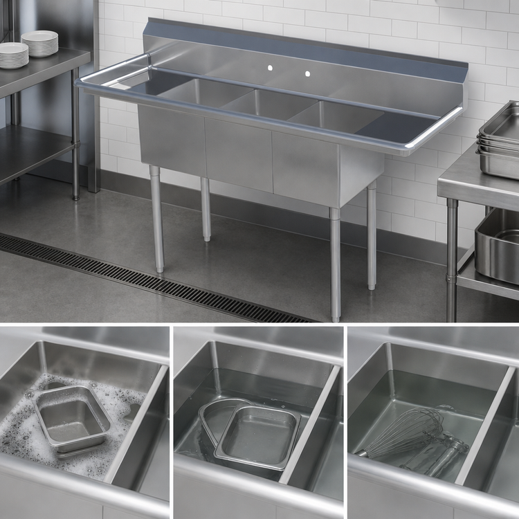 Product image #3 for Sapphire Manufacturing 3-Compartment Stainless Steel Sink with Left and Right Drainboards, 70 Inch Wide