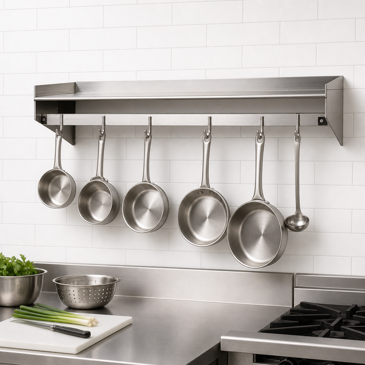 Product image #3 for Eagle Group 96 Inch Wall-Mounted Stainless Steel Pot Rack Shelf with Removable Hooks
