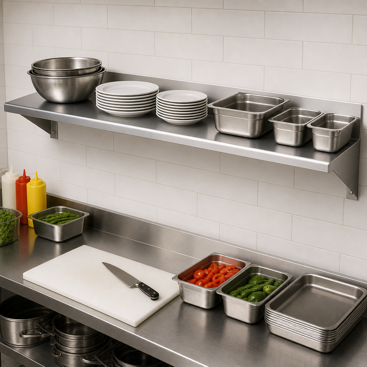 Product image #3 for Sapphire Manufacturing 108" x 14" Wall-Mounted 18-Gauge 400 Series Stainless Steel Shelf