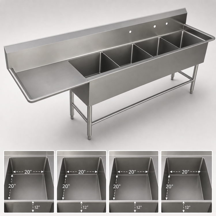 Product image #3 for John Boos Pro-Bowl 4-Compartment Sink with 24-Inch Left Drainboard, 20 x 20 x 12-Inch Bowls, 16-Gauge 300-Series Stainless Steel