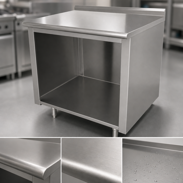 Product image #3 for Advance Tabco 60 x 30 Open Front Cabinet Base Work Table with 14-Gauge 304 Stainless Steel Top and 1-1/2-Inch Rear Up-Turn