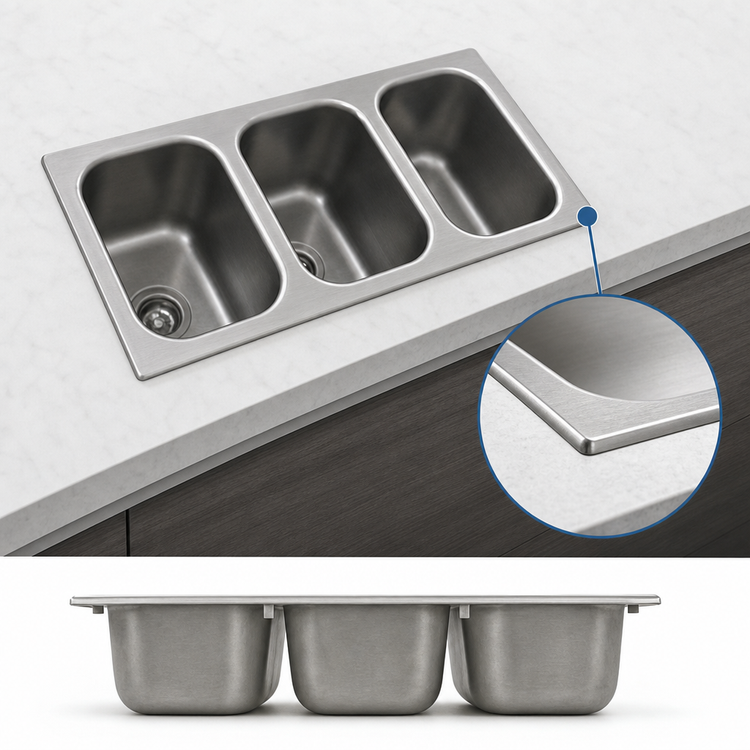 Product image #3 for Three-Compartment Self-Rimming Drop-In Sink, No Deck, 12 x 14 x 9-1/2 Inch Bowls, Top or Bottom Mount, 304 Stainless Steel