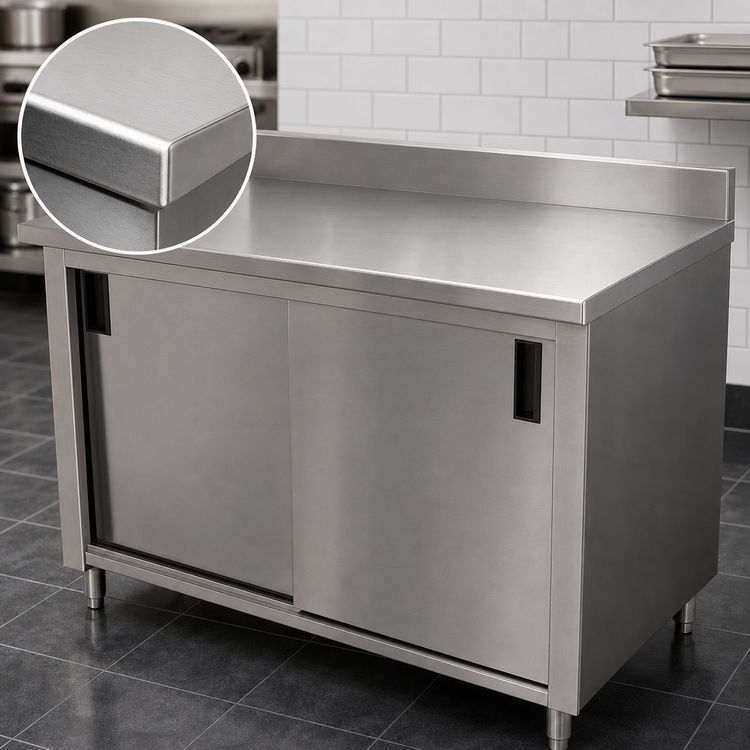 Product image #3 for Advance Tabco 96" x 24" Enclosed Work Table with Cabinet Base, Sliding Doors, 14-Gauge 304 Stainless Steel Top, and 5" Backsplash