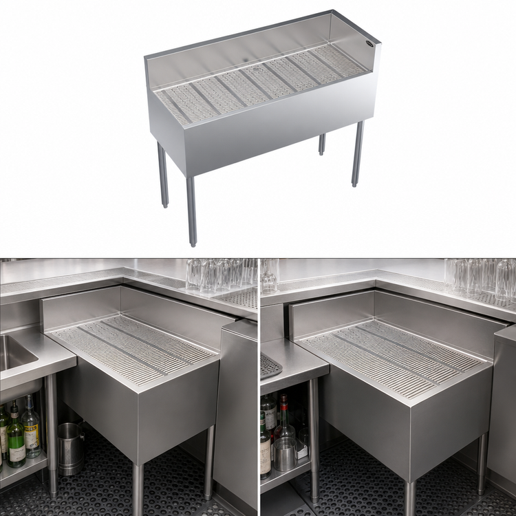 Product image #3 for Krowne Royal Series Freestanding Stainless Steel Underbar Corner Drainboard with Right-End Return, 42 x 19 Inches