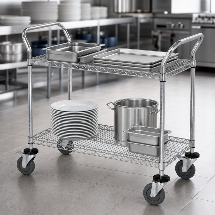 Product image #3 for Quantum Chrome Plated Wire Utility Bus Cart with 2 Shelves, 36 x 18 Inches