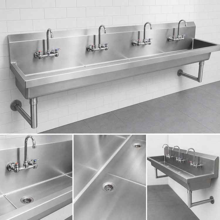 Product image #3 for BK Resources Four-Station Wall-Mounted Hand Wash Sink, 96 Inch Stainless Steel with Basket Drain