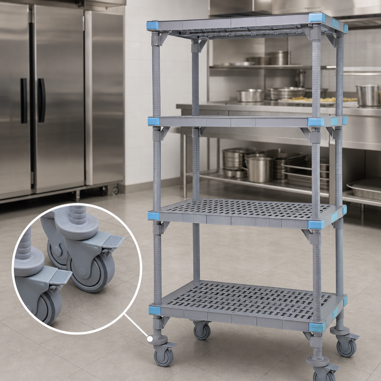Product image #3 for Quantum Millenia Mobile Polymer Shelving Starter Unit with 4 Open Grid Shelves, 48W x 18D x 62H, Gray