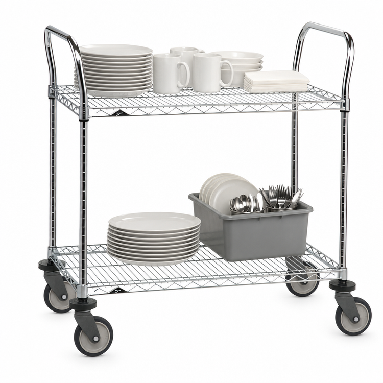 Product image #3 for Metro Super Erecta SP Heavy-Duty Utility Bus Cart, 60 x 24 x 39 Inches, 2 Wire Shelves, Stainless Finish