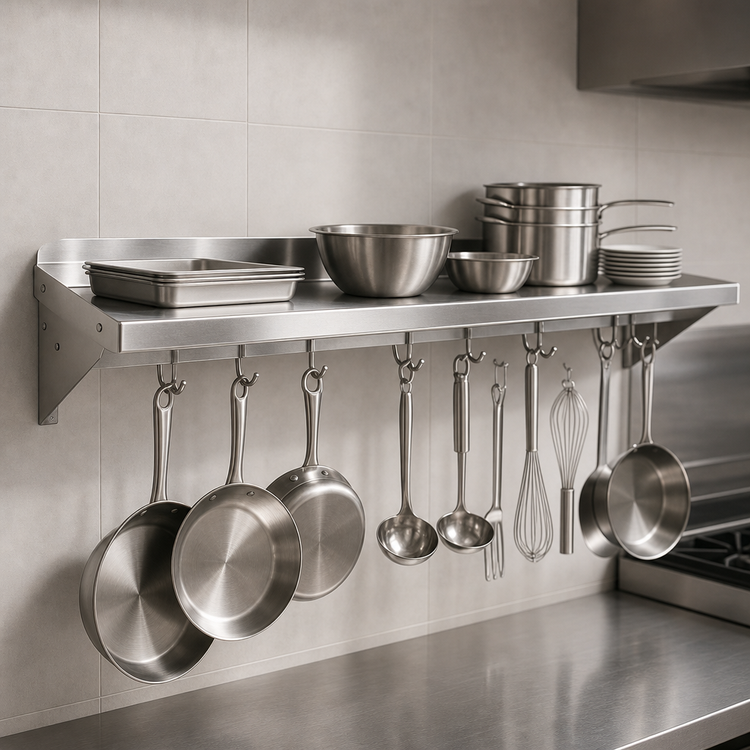 Product image #3 for John Boos Stallion Wall-Mount Shelf With Pot Rack, Stainless Steel, 24 x 18 x 13 Inches