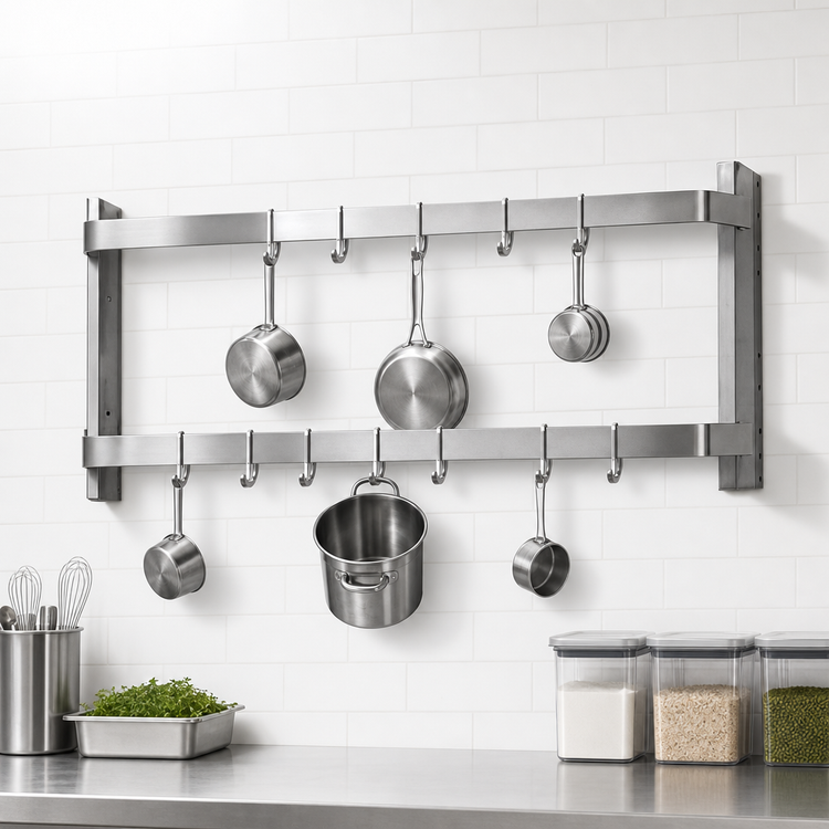 Product image #3 for Commercial 84-Inch Wall-Mount Double-Bar Stainless Steel Pot Rack with 14 Double Hooks