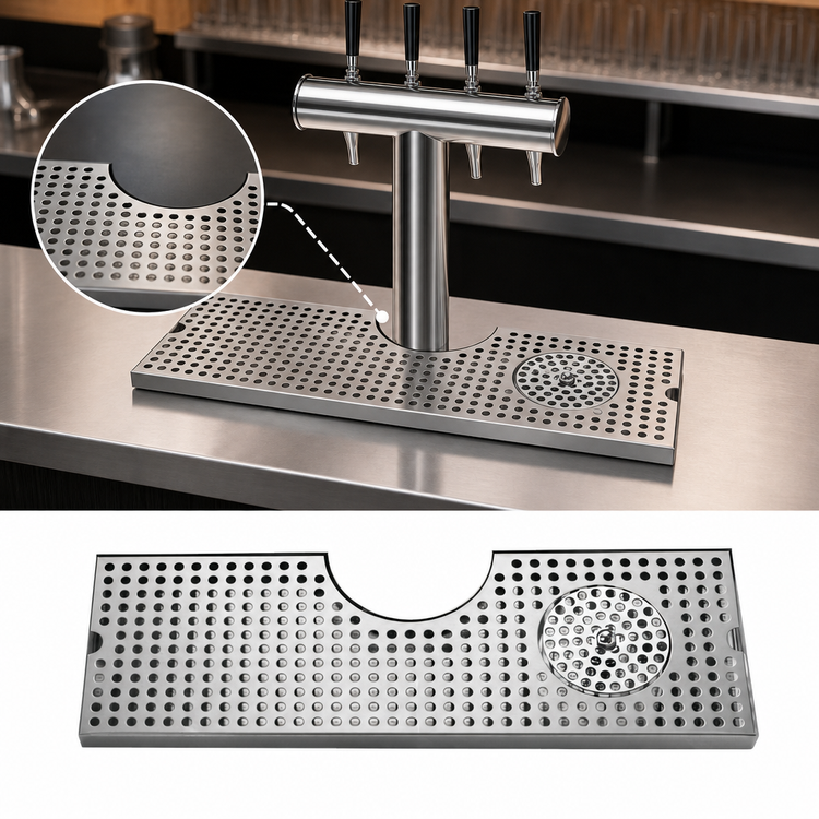 Product image #3 for Surface-Mount Stainless Steel Drip Tray Trough with Integral Glass Rinser and Metropolis T Draft Tower Cutout, 24 x 8.5 Inches