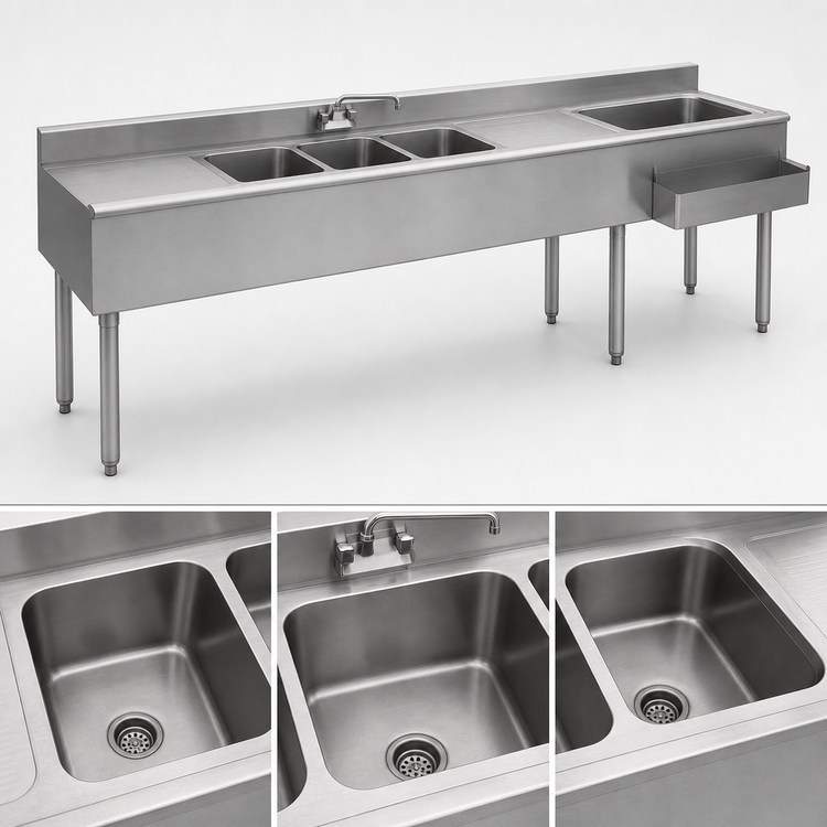 Product image #3 for Eagle Group 1800 Series 108 Inch Underbar Combination Unit with 3 Sink Bowls, 2 Drainboards, and Right-Hand Ice Bin