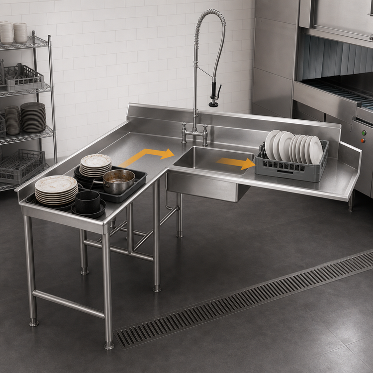 Product image #3 for Spec-Master Island Soiled Dishtable with Pre-Rinse Sink, Left-to-Right Operation, 84-Inch Machine Side x 60-Inch End Side, 14/304 Stainless Steel Top