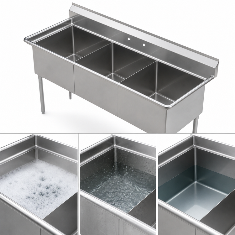 Product image #3 for 3-Compartment Sink, 41-Inch Wide, 304 Stainless Steel, with 9-3/4-Inch Backsplash