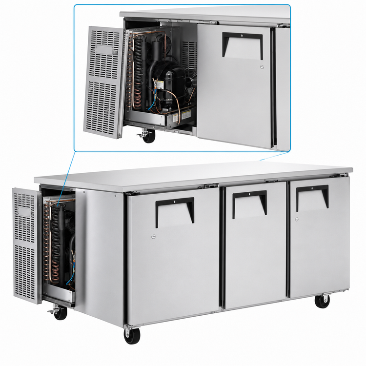 Product image #3 for Everest Refrigeration ETR3 Three-Section Undercounter/Worktop Refrigerator with Stainless Steel Worktop, Solid Locking Doors, 22 Cu. Ft.