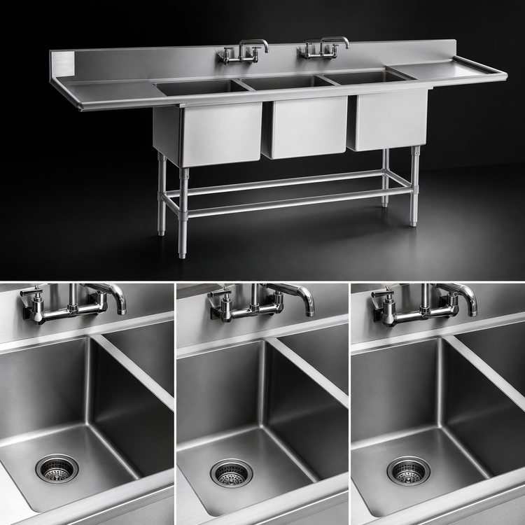 Product image #3 for Spec-Master FN Series Three-Compartment Commercial Sink with 30-Inch Right Drainboard, 91-1/2 Inch W x 27 Inch D