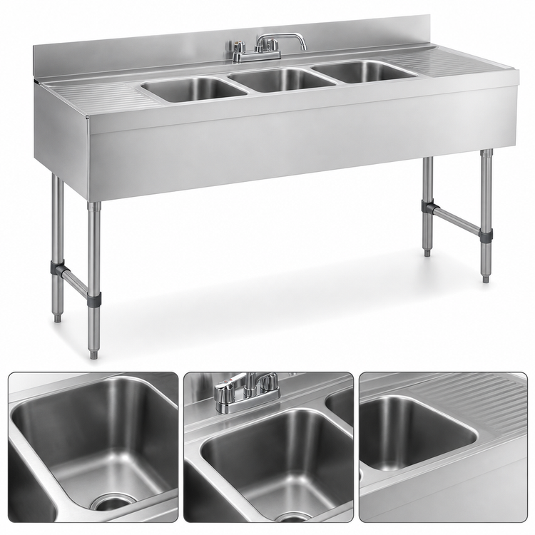 Product image #3 for Advance Tabco Underbar Basics™ 96-Inch 3-Compartment Stainless Steel Bar Sink Unit with Deck-Mount Faucet and Dual Drainboards