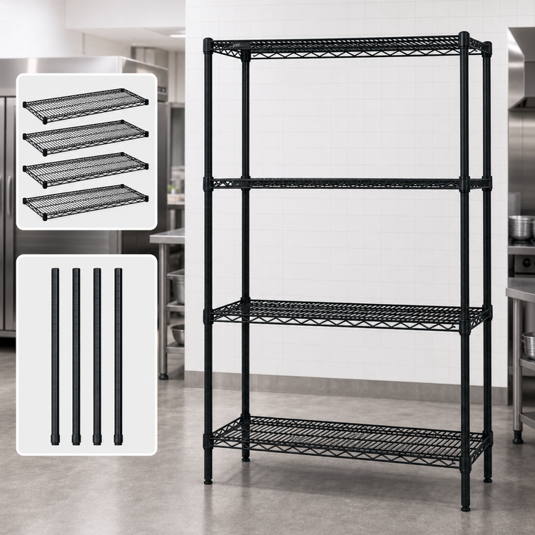 Product image #3 for Quantum Stationary Wire Shelving Starter Kit, 72"W x 21"D x 74"H, Black Epoxy Antimicrobial Finish