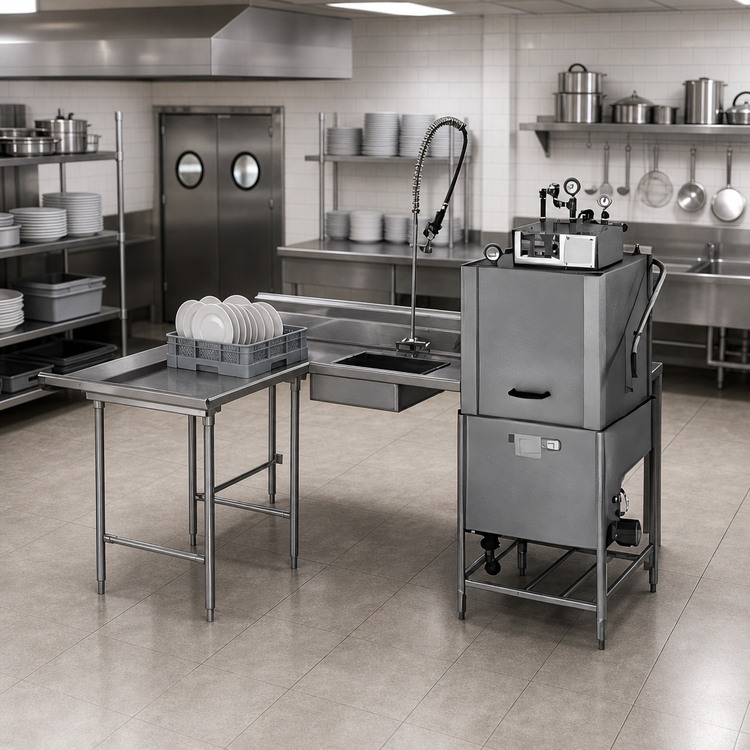 Product image #3 for Eagle Group Island Soiled Dishtable with Dish Landing Shelf and Pre-Rinse Sink, 66 Inch Machine-to-Corner, Right-to-Left Operation