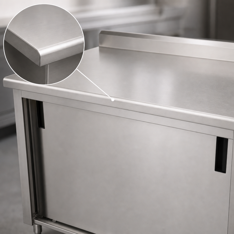 Product image #3 for Advance Tabco 60" x 36" Enclosed Work Table with 14-Gauge 304 Stainless Steel Top, Cabinet Base, Mid-Shelf, Sliding Doors, and 1-1/2" Rear Up-Turn