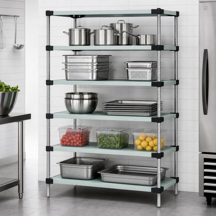 Product image #3 for Quantum Stationary Solid Shelving Starter Kit, 60-Inch Wide x 21-Inch Deep x 86-Inch High, 5-Shelf, 304 Stainless Steel