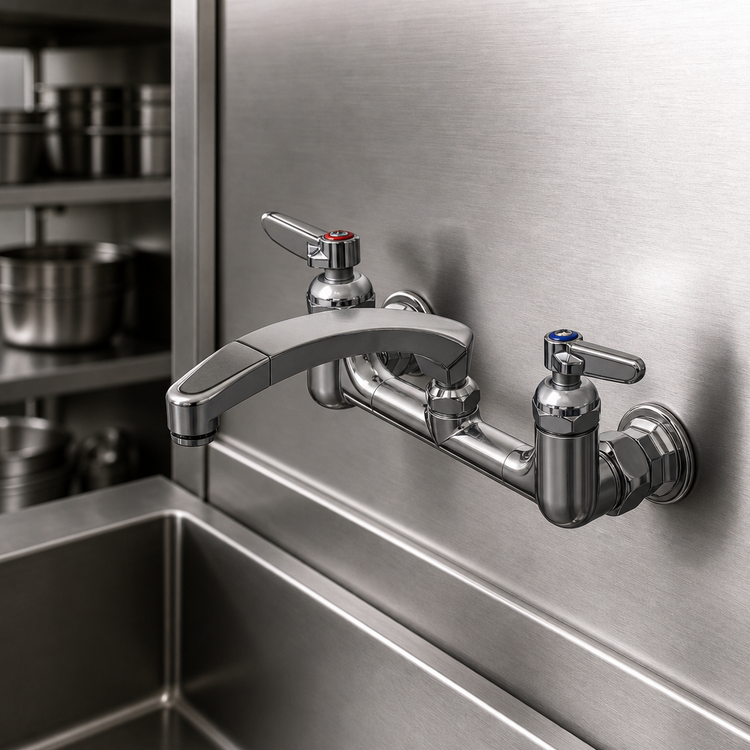 Product image #3 for T&S Brass 8-Inch Wall Mount Double Pantry Faucet with 8-Inch Swivel Cast Spout and Quarter-Turn Cerama Cartridges