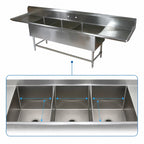 Thumbnail image #3 for John Boos Pro-Bowl 3PB18-2D24 3-Compartment Stainless Steel Sink with Dual 24-Inch Drainboards, 18 x 18 x 12-Inch Bowls