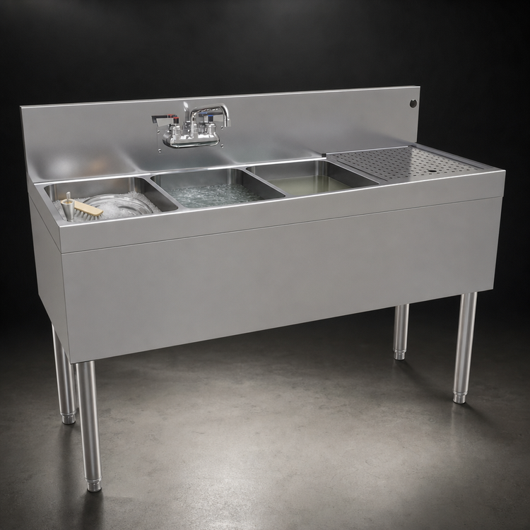 Product image #3 for Glastender Three-Compartment Underbar Sink Unit, 48 Inch, Right Drainboard, Stainless Steel