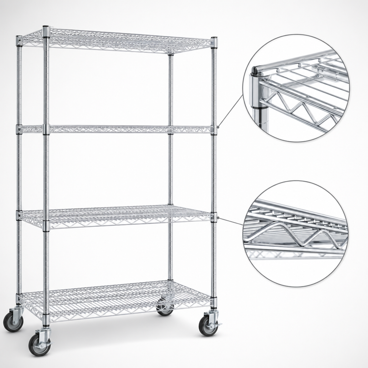 Product image #3 for Eagle Group 4-Tier Chrome Dolly Truck with 48 x 18-Inch Wire Shelves, Poly-Tread Swivel/Brake Casters