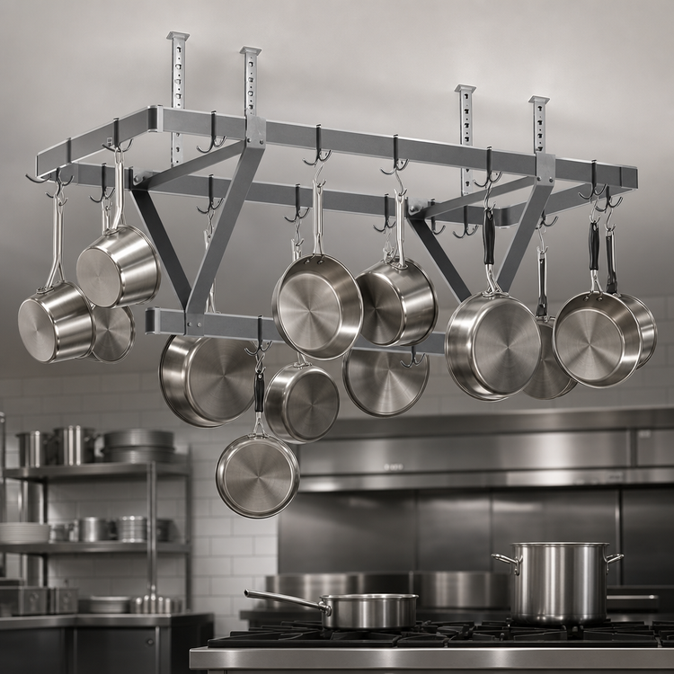 Product image #3 for Eagle Group Ceiling-Mounted Triple-Bar Aluminum Pot Rack, 52 x 20 x 18 Inches