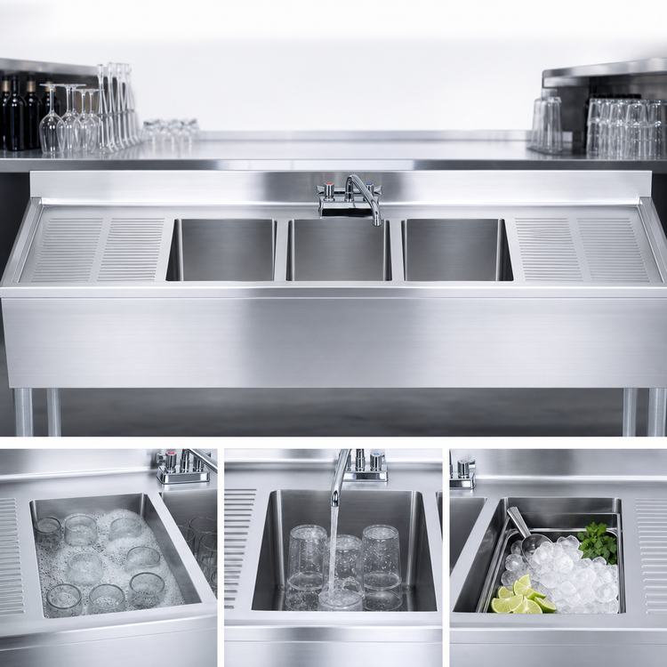 Product image #3 for BK Resources Three-Compartment Underbar Sink with Left and Right Drainboards, 72 Inch Wide